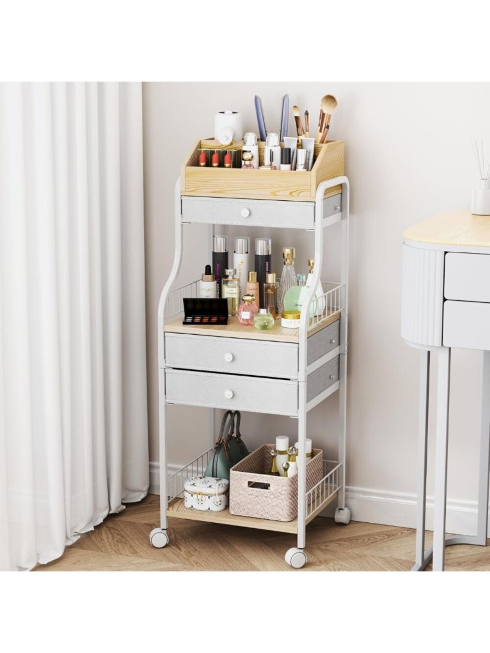 Stylish Makeup Organizer Cart with Drawers - Skincare & Beauty Storage for